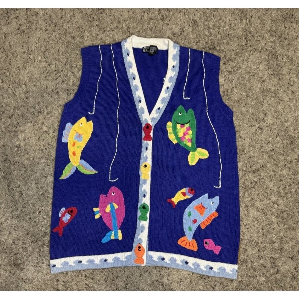 VTG 90s BEREK Knit Sweater Vest Fishermen Fish 3D Novelty Teacher Super Cute M - Picture 2 of 11